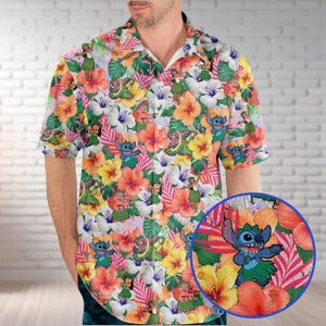 Lilo And Stitch Characters Button Shirt, Stitch Movie Hawaiian Shirt, Disney Floral Shirt, Cartoon Summer Beach Tropical Vacation Shirt