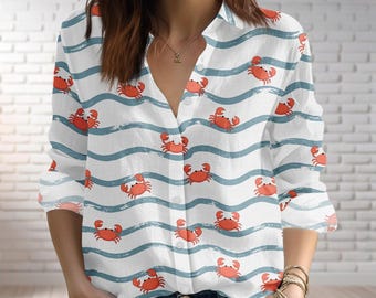 Blusa de verano con estampado de cangrejos en la playa, camisa náutica de rayas amarillas para mujer, top de vacaciones, camisa abotonada, camisa de manga larga, regalo para ella.