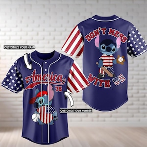 Camiseta de béisbol personalizada del 4 de julio con puntada personalizada, camiseta de Disney del 4 de julio, regalos del Día de la Independencia, camiseta de béisbol de Lilo y Stitch