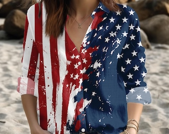 Vintage American Flag Blouse Shirt, Patriotic USA Button Up Shirt, 4th Of July Women Outfit, American Independence Day Top Gift For Her