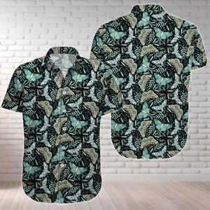 Cottagecore Butterflies Button Shirt, Cottagecore Butterflies Hawaiian Shirt, Goth Shirt, Mystic Summer Shirt, Magical Moth Boho Shirt