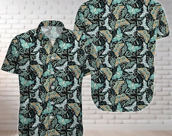 Cottagecore Butterflies Button Shirt, Cottagecore Butterflies Hawaiian Shirt, Goth Shirt, Mystic Summer Shirt, Magical Moth Boho Shirt