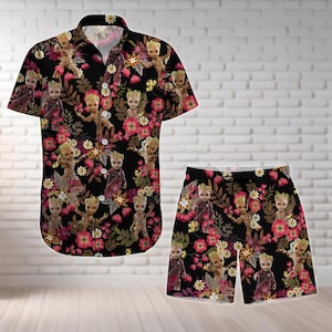 May include: A black and red button-down shirt and matching shorts with a repeating pattern of a cartoon character with green skin and brown hair. The character is surrounded by flowers and leaves.