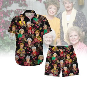 Pode incluir: Uma camisa preta de botões e shorts combinando com uma estampa floral com os rostos das Golden Girls. A estampa inclui os personagens Dorothy, Rose, Blanche e Sophia.