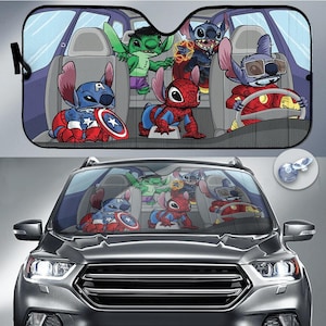May include: Car windshield sunshade featuring cartoon characters dressed as superheroes. The characters include Stitch as Captain America, Spider-Man, Hulk, Iron Man, and Doctor Strange. The sunshade is designed to fit inside a car.