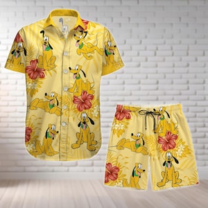 Pluto Dog Button Shirt And Shorts, Cute Disney Pluto Floral Hawaiian Shirt, Cartoon Shirt For Women Men Youth, Summer Beach Shorts
