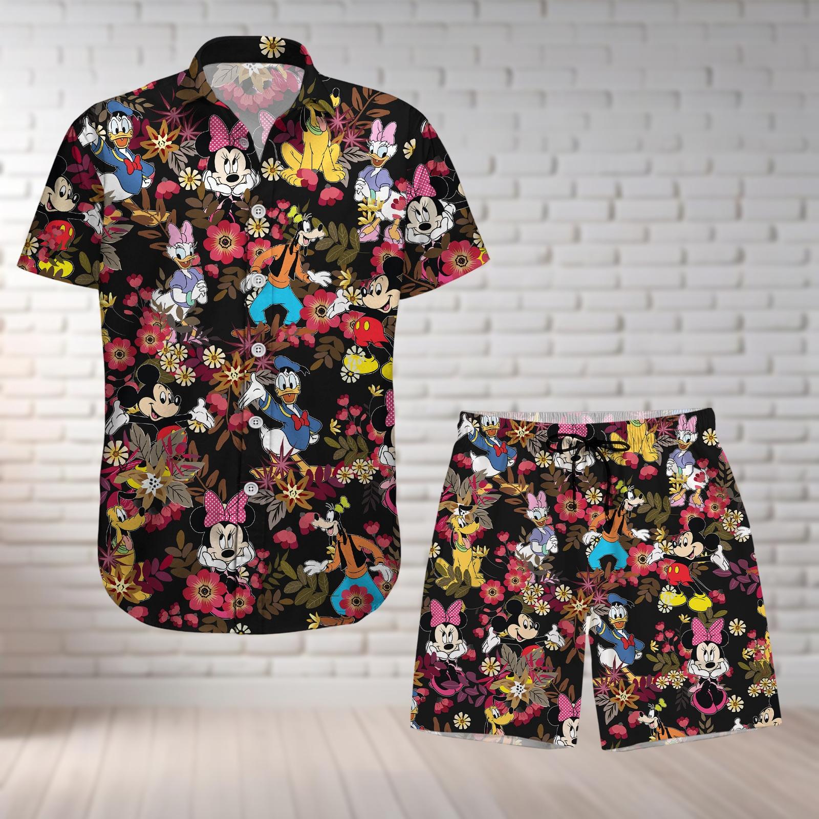 Mickey Mouse Button Shirt And Shorts, Minnie Donald Goofy Pluto Daisy Hawaiian Shirt, Disney Tropical Clothes, Mickey Friends Shirt