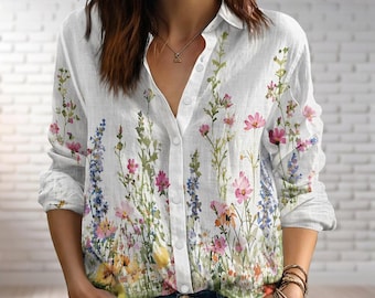 Wildflower Blouse Shirt, Floral Garden Button Up Top For Women, Cottagecore Spring Summer Blouse, Natural Women Shirt, Gift For Her