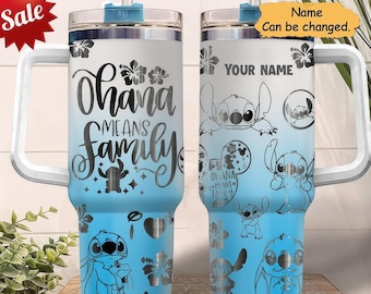 Vaso personalizado con grabado de Disney Stitch, vaso de café de Lilo Stitch de 40 oz, vaso Ohana Means Family, vaso térmico de película