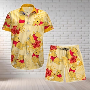 Camisa y pantalones cortos con botones de Winnie Pooh, camisa hawaiana con oso Pooh de Disney, camisa de verano de Pooh, pantalones cortos de baño, camisa de playa de Pooh, camisa de dibujos animados