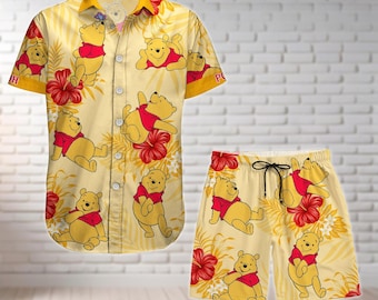 Winnie Pooh Button Shirt And Shorts, Disney Pooh Bear Hawaiian Shirt, Pooh Summer Shirt, Swim Shorts, Pooh Beach Shirt, Cartoon Shirt