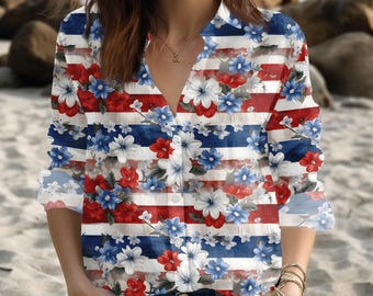 American Floral Blouse Shirt, Vintage USA Flowers Women Shirt, Patriotic Love Casual Shirt, Red White Blue Americana Summer Top