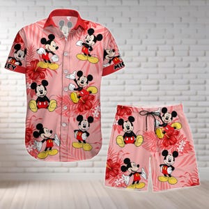 Camisa y pantalones cortos con botones de Mickey Mouse, linda camisa hawaiana con flores de Mickey de Disney, camisa de dibujos animados para mujeres, hombres y jóvenes, pantalones cortos de playa de verano