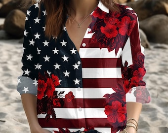 Vintage Roses American Flag Blouse, USA Anniversary Patriotic Women Button Shirt, 4th Of July Independence Shirt, Gift For Her