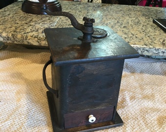 Antique Primitive 19c DOVETAILED COFFEE GRINDER mill Cast Iron Crank w/Handle Wooden Large 1 pound Box &quot;Rapid Grinding&quot; Chas Charles Parker