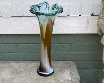 Huge! 20" Tall Sommerso 1960's MURANO STRETCH Art glass vase  - Hand Swung Vase - Aqua-Amber-white Perfect MCM mid century modern Viking