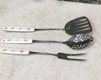 Vintage MCM ATOMIC STARBURST - Kitchen Utensil Set - Stainless Steel Slotted Spoon, Spatula & Fork - serving Lot Of 3 - turquoise Green