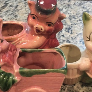 Set of 3 Vintage 1950'S McM Little Pigs planters -  Porky Ceramic  Shawnee Mccoy - pink pigs carting barrels smiley smiling - set of 3 piggy