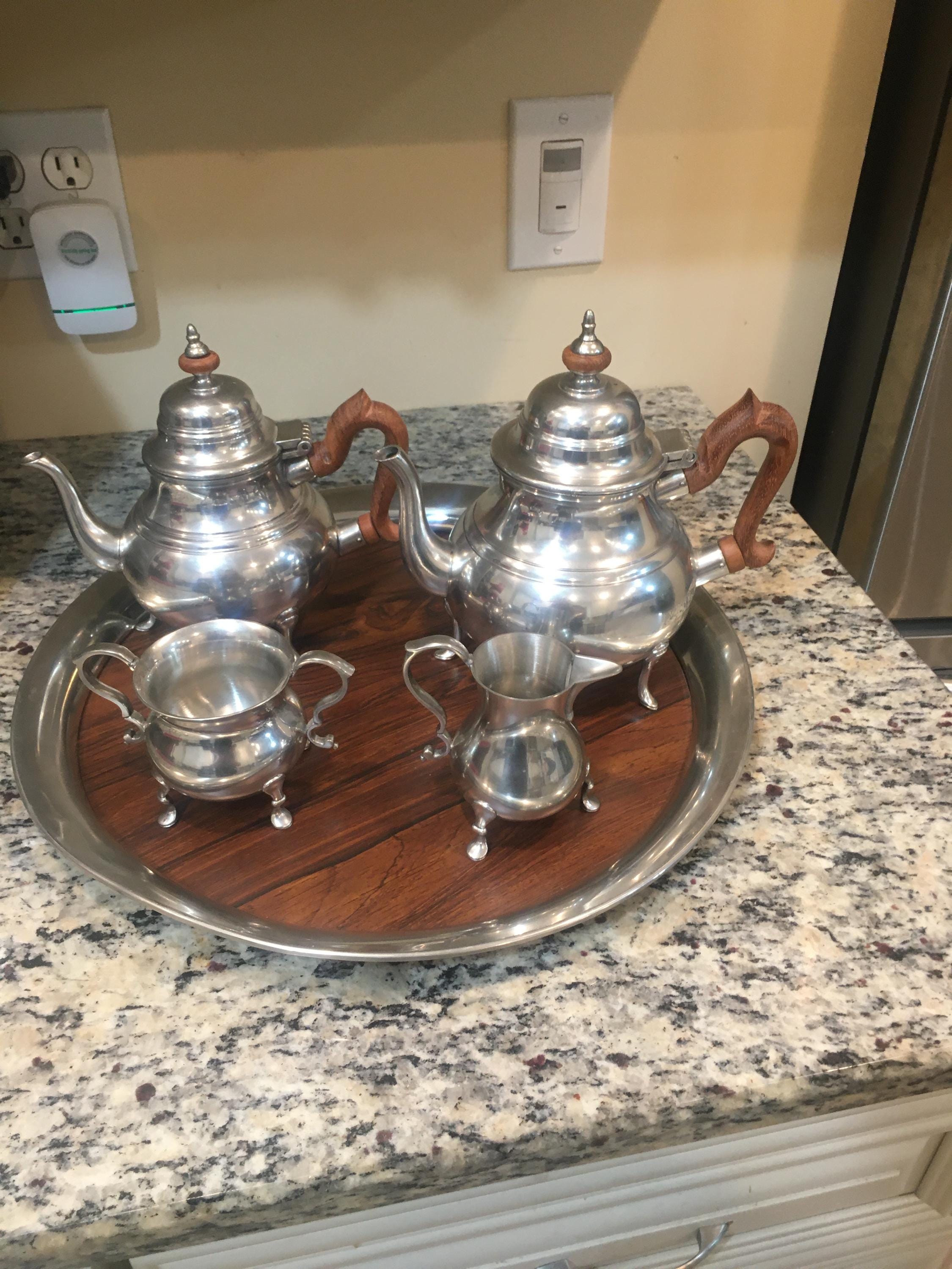VINTAGE MCM Colonial Williamsburg Kirk Stieff - 5 Piece - Pewter Coffee and Tea Set with Tray - Excellent condition silver polished - Steiff
