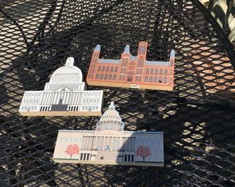 Set of 3 Cats Meow Collectibles, Washington DC, Two CAPITOL BUILDINGS, one painted on both sides, 1 Smithsonian Castle - shelf sitters