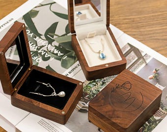Personalized Wooden Necklace Box, Custom Engraved Wedding Ceremony Necklace Case, Handmade Engagement Necklace Holder, Bridal Gift for Her