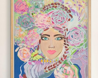 Original acrylic Painting: "Summer Queen" Floral Woman Art, Abstract Face Wall Decor