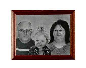 Portrait of a family in pencil the personalised custom hand drawn wedding portrait from photo on paper, realistic high quality