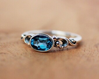 Oval blue topaz sterling silver ring, oval east west ring, genuine London blue topaz ring, alternative blue topaz engagement gemstone ring