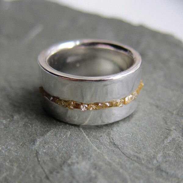 Modern rough diamond silver band ring, set with raw yellow diamonds, artisan metalsmith, size 7.25