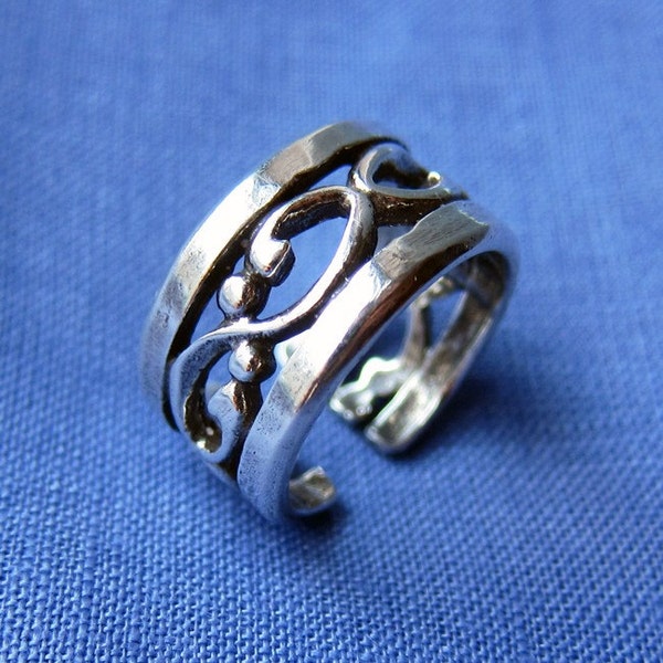 READY TO SHIP, Adjustable silver filigree wide band ring, sterling silver, artisan metalsmith, victorian