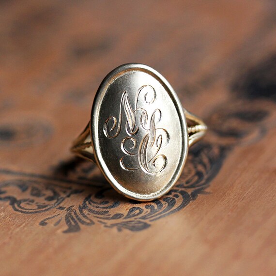 Engraved Gold Monogram Ring Gold Initial Ring Personalized