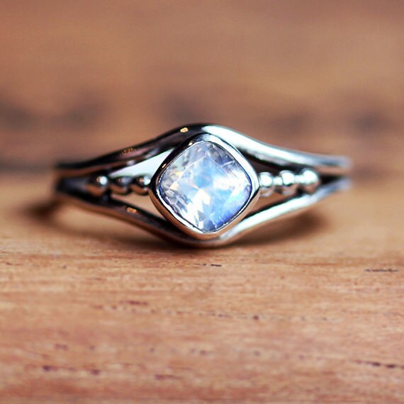 Rainbow Moonstone Ring June Birthstone Ring Cushion Cut Ring