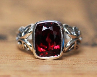 Natural Garnet Silver Ring, Cushion Garnet January Birthstone Ring, Fancy Ring Red Garnet Cocktail Ring, Art Deco Anniversary Ring for Women