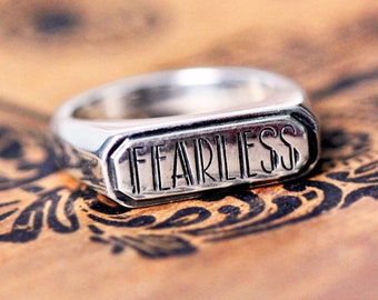 Modern silver signet ring, Womens Fearless signet ring, custom signet ring, antique signet ring, fearless ring, Ready To Ship