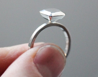 Alternative engagement ring, modern engagement ring silver, faceted silver ring non diamond ring, non traditional, Ascher cut square, size 8
