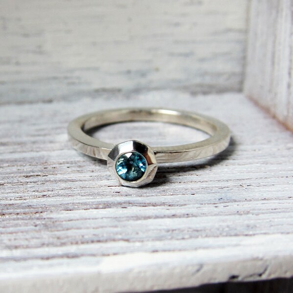 Blue topaz ring - modern engagment ring - faceted metal - recycled sterling silver - ready to ship