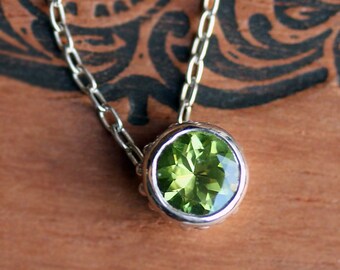 Peridot necklace, peridot pendant, bezel necklace, August birthstone necklace, solitaire necklace, recycled silver, wrought, ready to ship