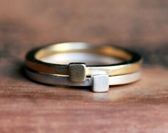 Modern geometric stack rings, 14k gold and recycled sterling silver, square ring, engagement ring for men, couple engagement ring, custom