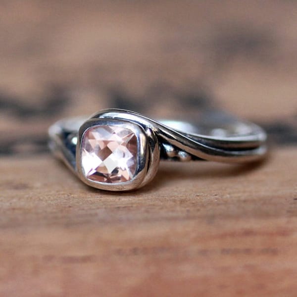 Pink Morganite engagement ring, silver morganite ring, cushion cut engagement ring, pink morganite engagement ring, swirl ring, pirouette