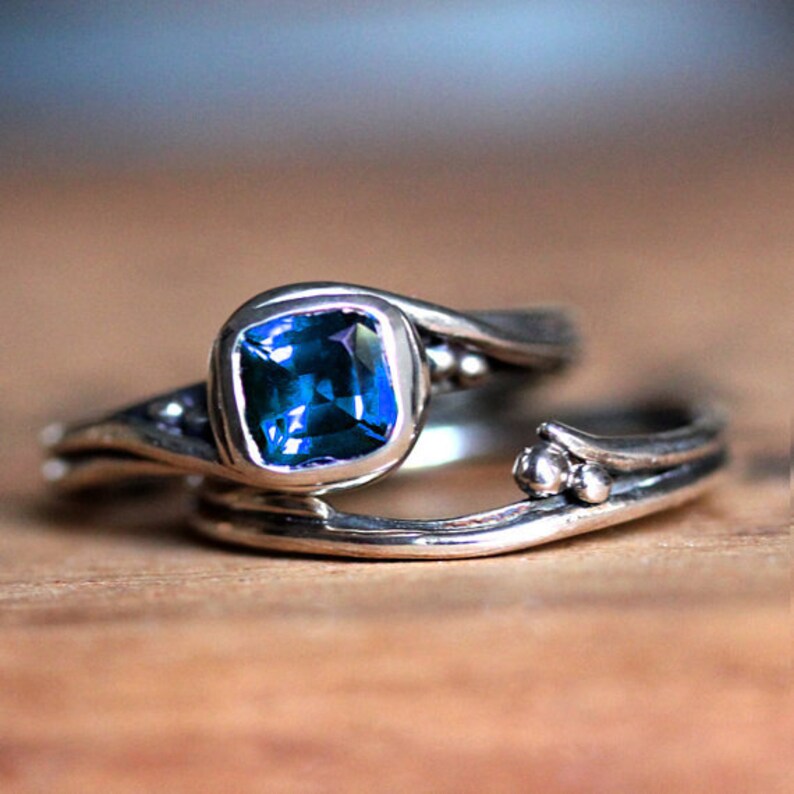 Blue Sapphire Engagement Ring Set Lab Created Sapphire Etsy