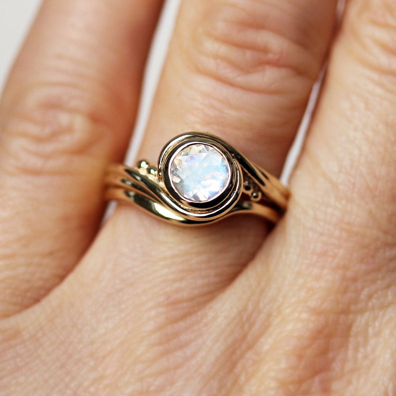 Moonstone Engagement Ring Set Yellow Gold Moonstone Bridal Etsy