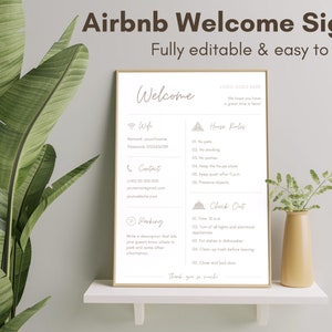 Welcome Sign for Airbnb Host | Fully Editable and Fillable in Canva | Template with WiFi House Rules Checkout