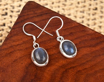 Orecchini In Labradorite Blu 7x9mm – Argento 925 Placcato Oro, Fatti A Mano, 2,3 Cm