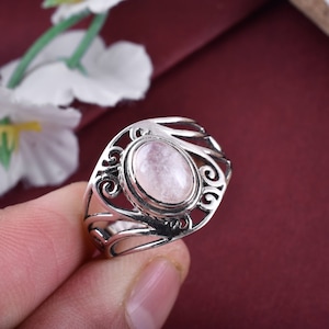 Rose Quartz 925 Sterling Silver Ring: Boho Pink Gemstone