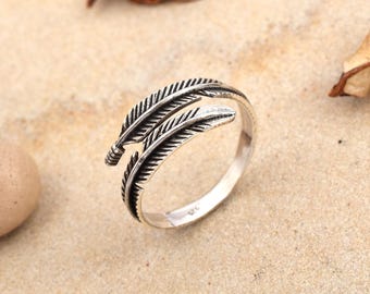 Sterling Silver Feather Ring: Adjustable Boho Wrap Band