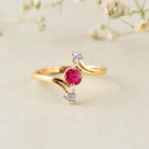 18K Gold Ruby Diamond Ring: Minimalist Boho July Birthstone