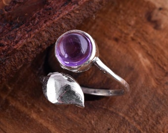 Handmade Amethyst Sterling Silver Leaf Ring, Adjustable Boho Jewelry