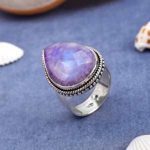 Purple Rainbow Moonstone Ring: Sterling Silver Boho Statement Jewelry