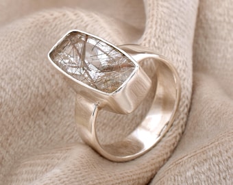 Rutilquarz Sterlingsilber-Ring: Handgemachter goldener Kristall-Statement-Schmuck