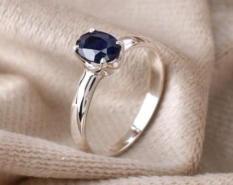 Oval Blauer Saphir Sterling Silber Ring: September Geburtsstein Verlobungsring
